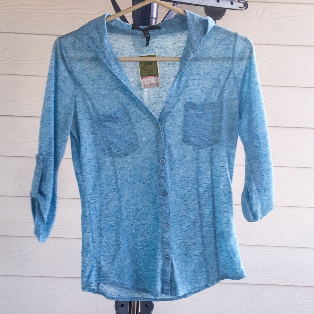 Light Blue Double Front Pocket Collared 3/4 Sleeve